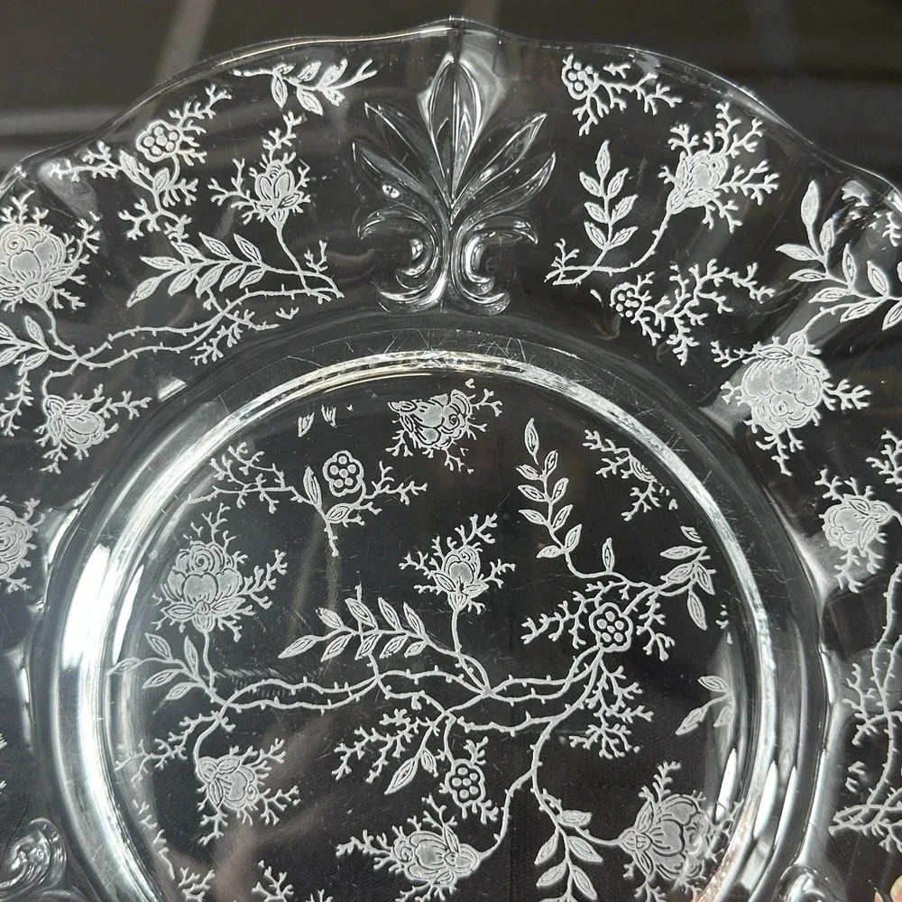 Vintage Fostoria Chintz Trio Set • Etched Glass Cup Saucer Plate • Baroque Blank